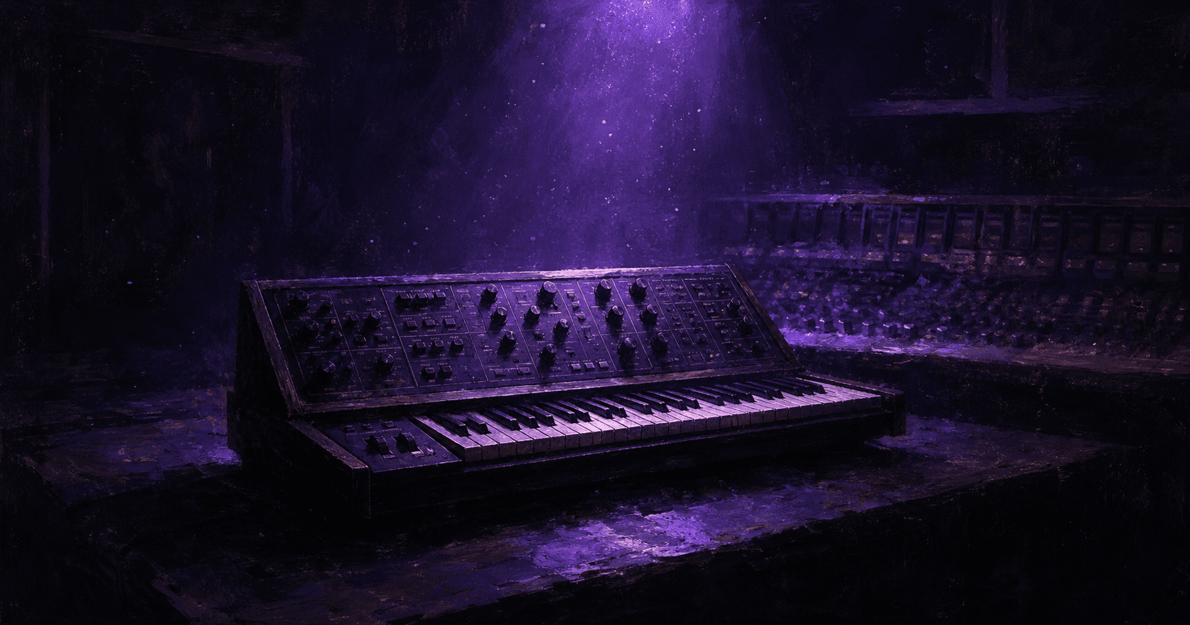 Moody dark studio with vintage synth lit in violet, abstract impressionistic music production scene