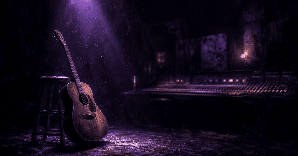 Single acoustic guitar lit in violet inside a dark abstract music studio scene