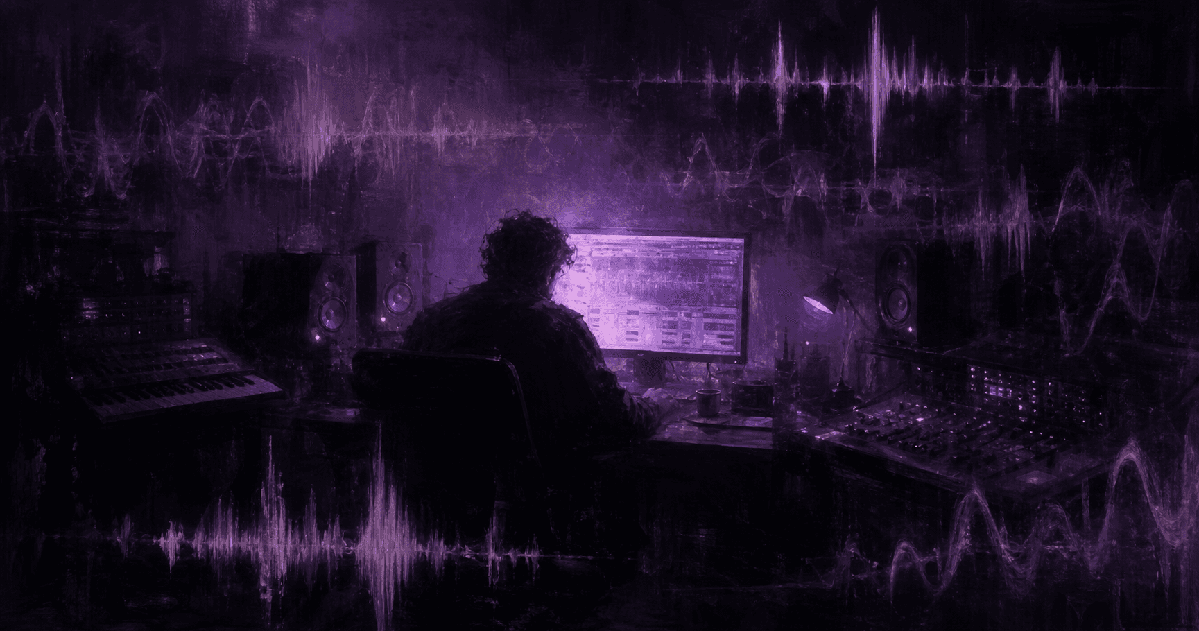 Dark abstract studio scene with overlapping purple waveforms suggesting repeated patterns