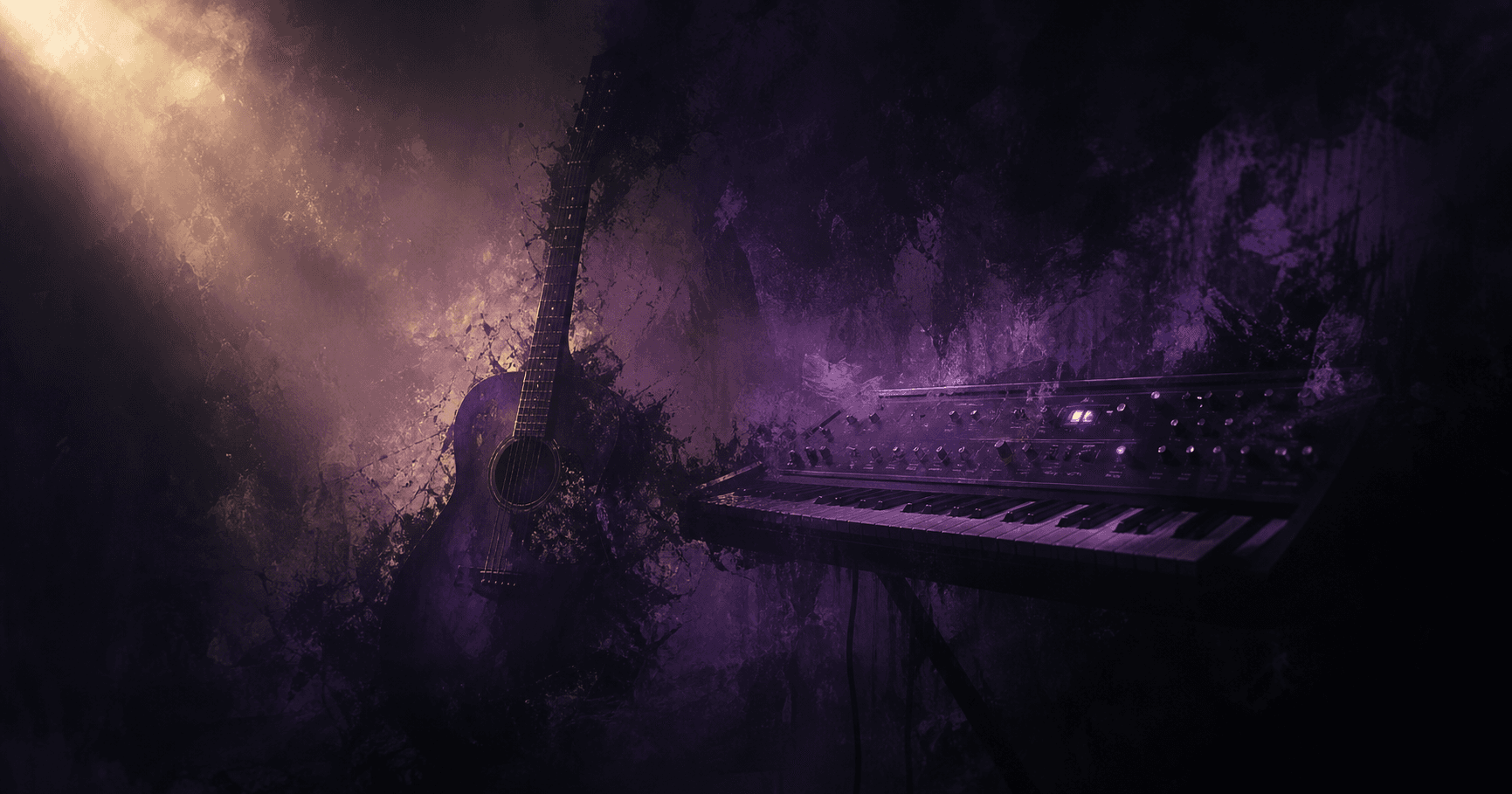Silhouettes of guitar and synthesizer dissolving in dark purple studio atmosphere