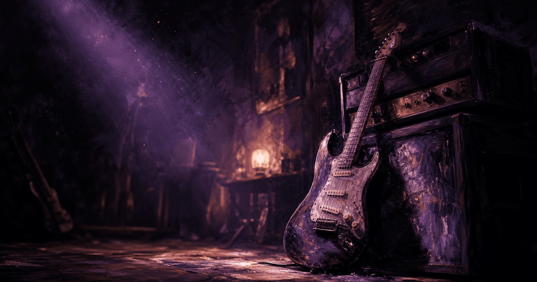 Electric guitar leaning against vintage amplifiers in a dark purple-lit studio