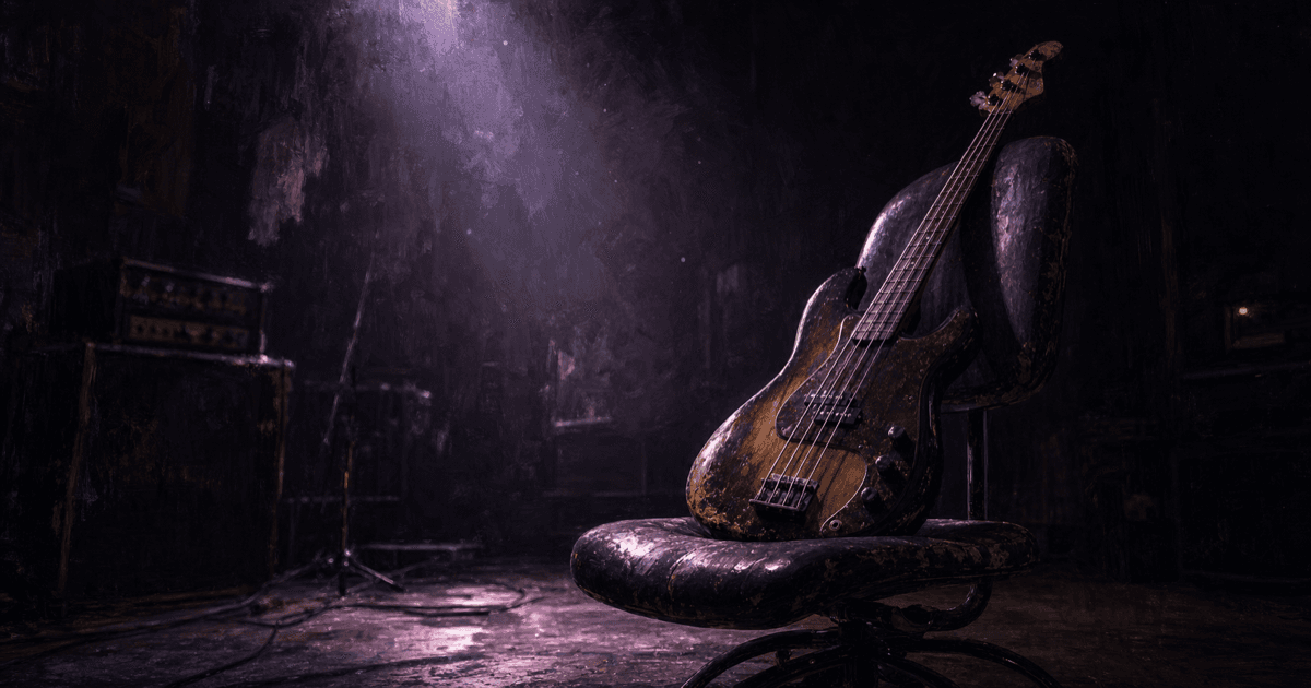 Vintage bass guitar resting on a chair in a dark purple-lit studio