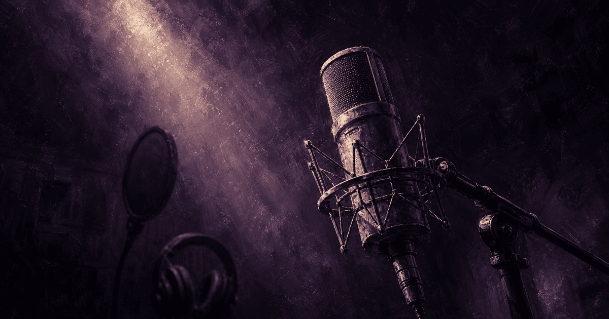 Vintage condenser microphone glowing in a dark purple studio haze