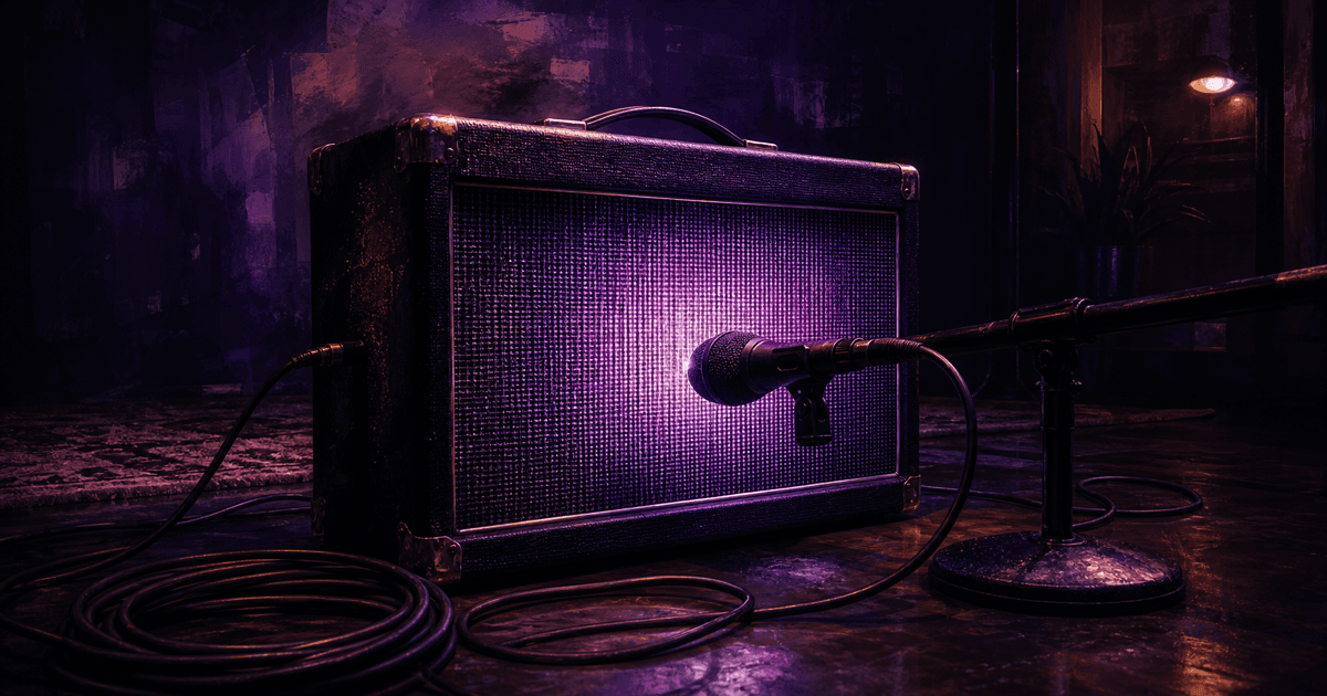 Microphone in front of a glowing guitar amplifier in a dark purple-lit studio