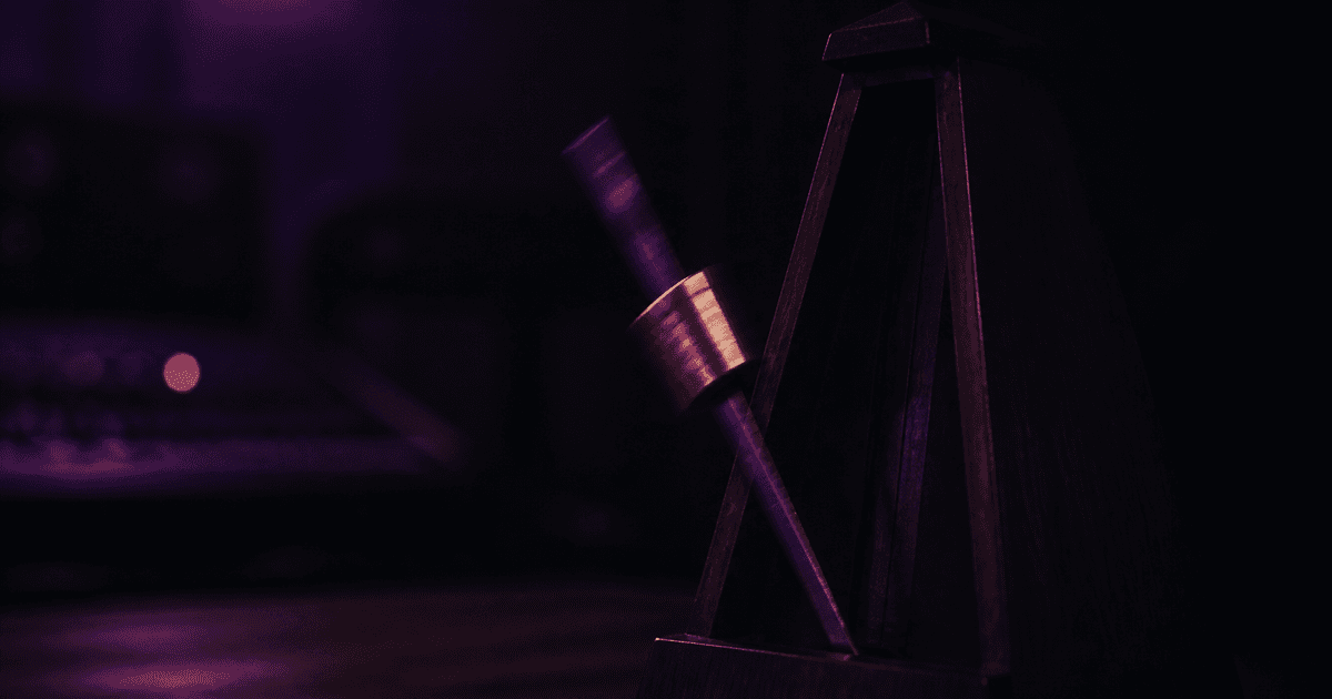 Analog metronome pendulum blurred mid-swing in deep purple studio shadow