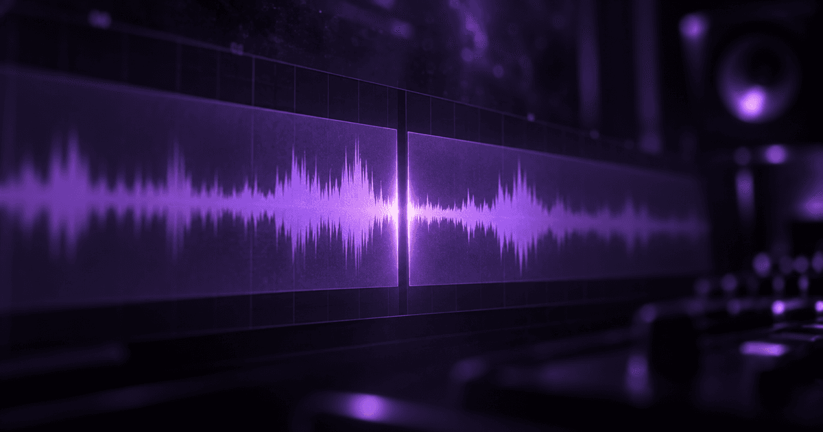 Two audio waveform blocks separated by a glowing purple gap in a dark timeline