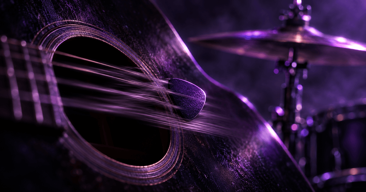 Vibrating acoustic guitar strings beside a blurred hi-hat cymbal in purple studio light