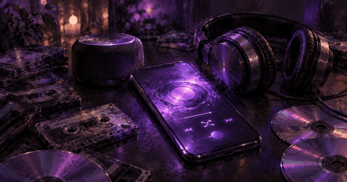 Phone glowing purple beside a speaker, headphones, and scattered old tapes and CDs