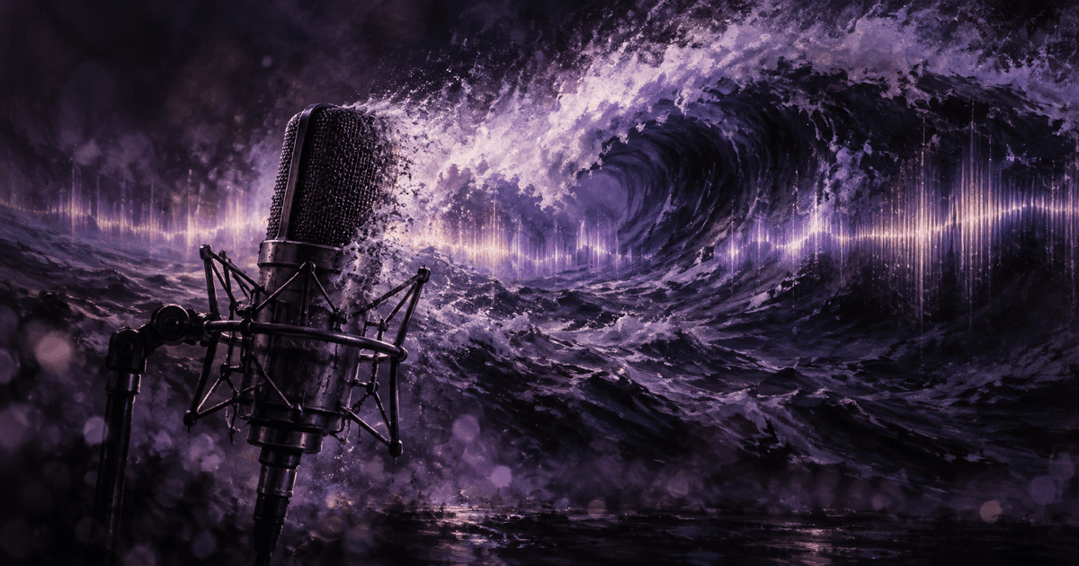 Studio microphone in front of a dark purple ocean wave breaking into mist