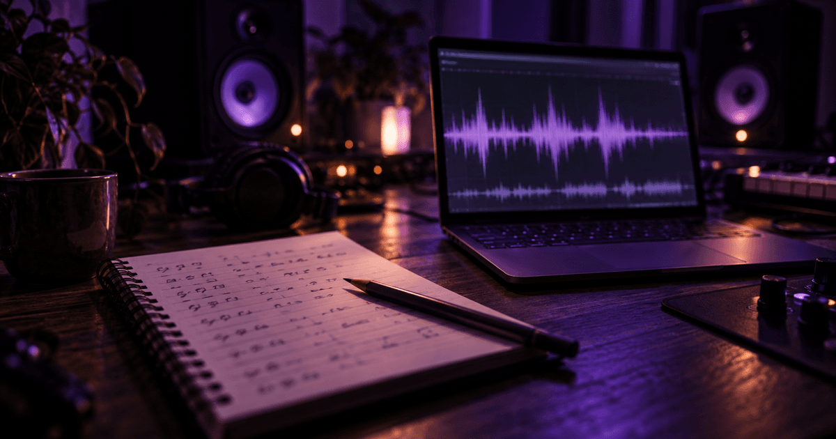 Notepad and laptop waveform on a dark purple-lit studio desk at night