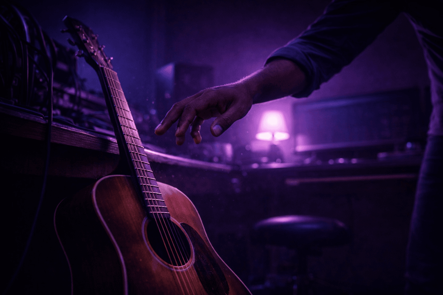 A hand reaching toward a guitar neck in warm lamplight, dark studio background.